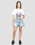 Details Denim Short Pants With Folded Hem And Destroyed Effect