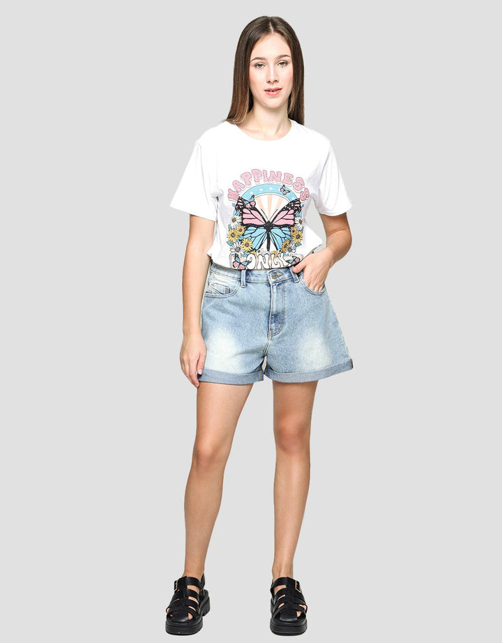 Details Denim Short Pants With Folded Hem And Destroyed Effect