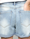 Details Denim Short Pants With Folded Hem And Destroyed Effect