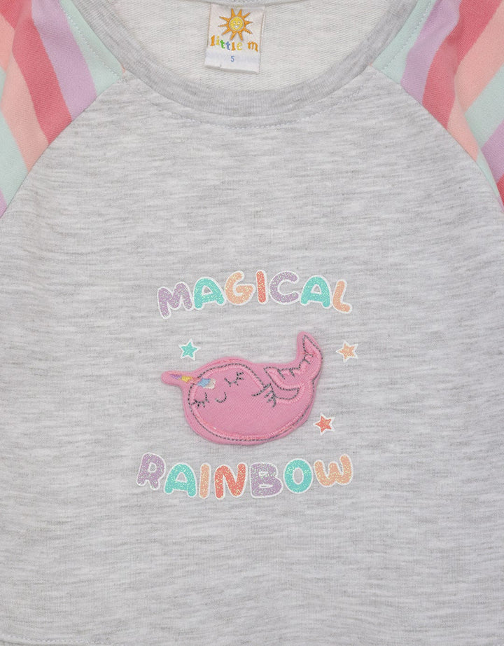 Little M Long Sleeve Midi Dress Striped Sleeve Rainbow Unicorn Application