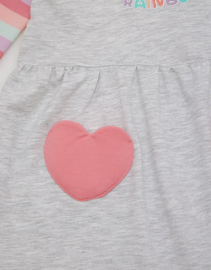 Little M Long Sleeve Midi Dress Striped Sleeve Rainbow Unicorn Application