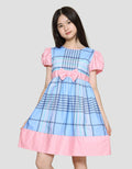 Sweet Miss Midi Dress Lengan Pendek Anak Perempuan Print Kotak Pinggang Pita