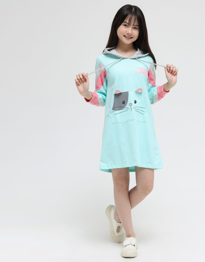 Nevada Long Sleeve Midi Dress Hoodie Pocket Print Cat