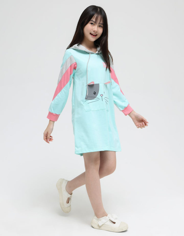 Nevada Long Sleeve Midi Dress Hoodie Pocket Print Cat