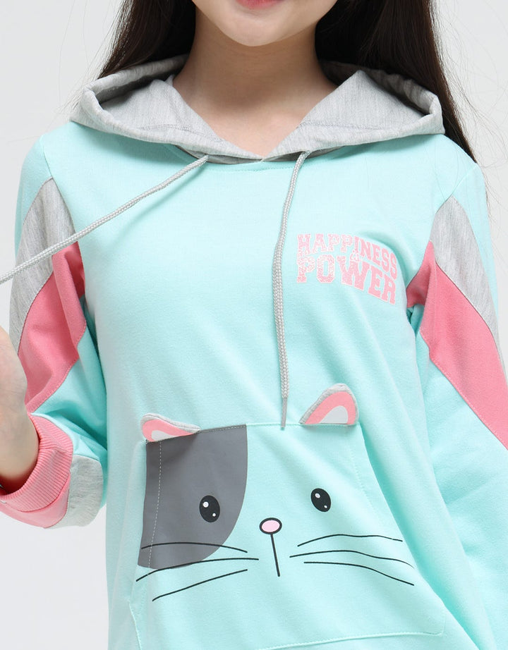 Nevada Long Sleeve Midi Dress Hoodie Pocket Print Cat