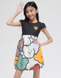 Sweet Miss Short Sleeve Midi Dress with Bear Print Combination