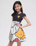 Sweet Miss Short Sleeve Midi Dress with Bear Print Combination