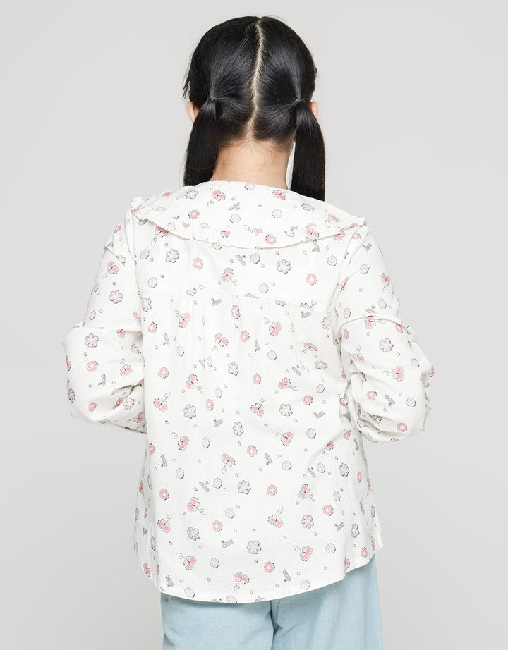 Aero Long Sleeve Shirt Collar Pockets Pleated Butterfly Flower