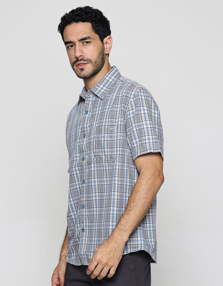 Watchout! Casual Kemeja Print Checked Lengan Pendek Pria