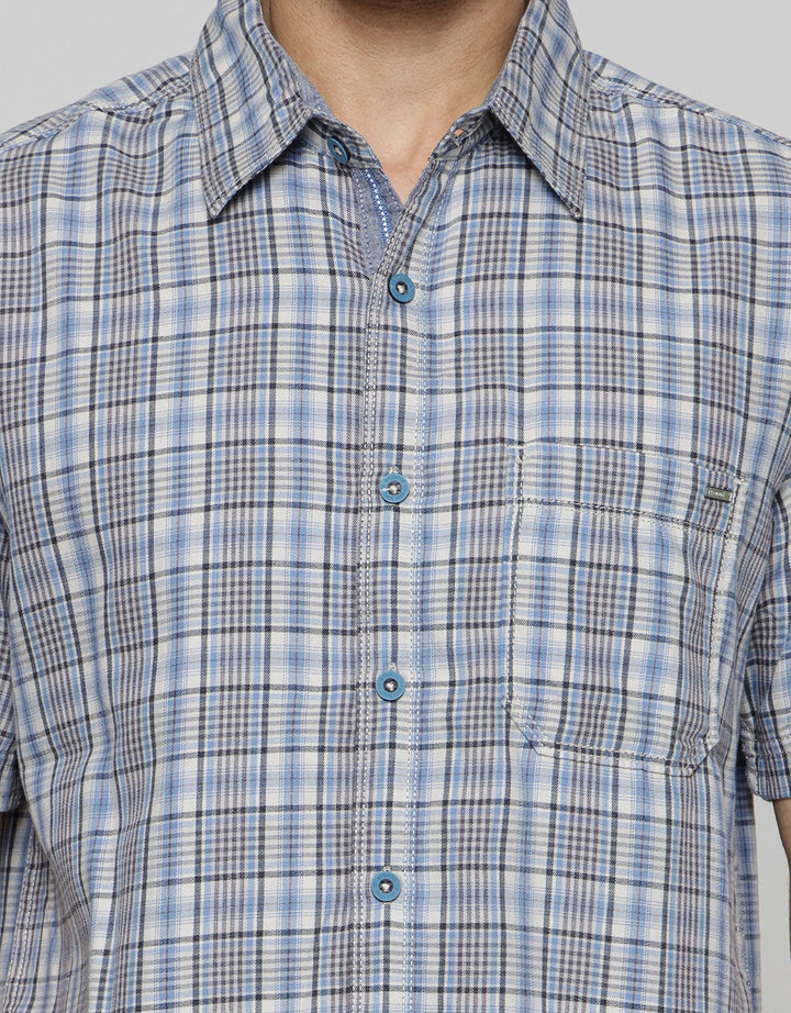 Watchout! Casual Kemeja Print Checked Lengan Pendek Pria