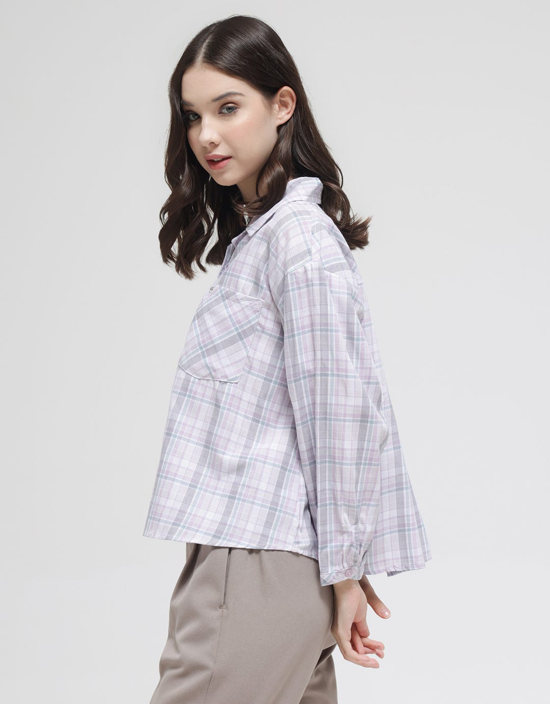 Triset Casual Double Pocket Plaid Blouse