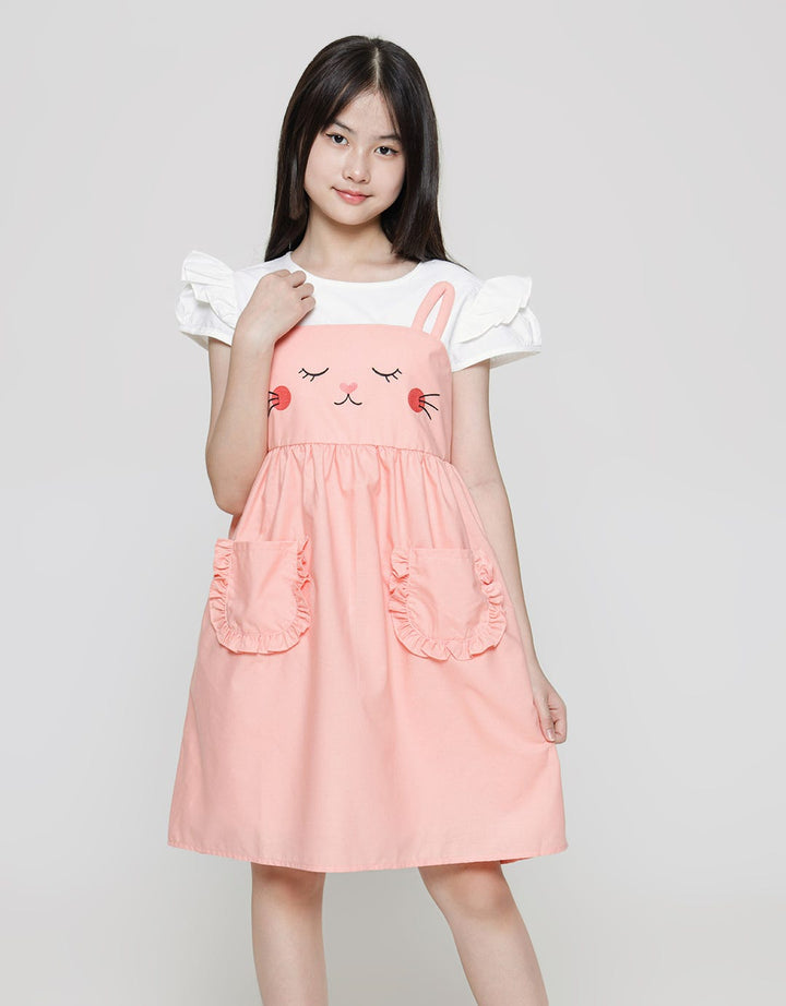 Sweet Miss Short Sleeve Midi Dress Overall Kucing Kantong Depan Dua