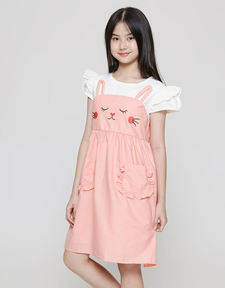 Sweet Miss Short Sleeve Midi Dress Overall Kucing Kantong Depan Dua