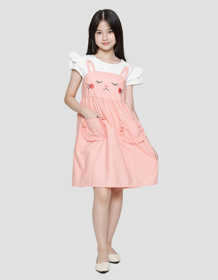 Sweet Miss Short Sleeve Midi Dress Overall Kucing Kantong Depan Dua