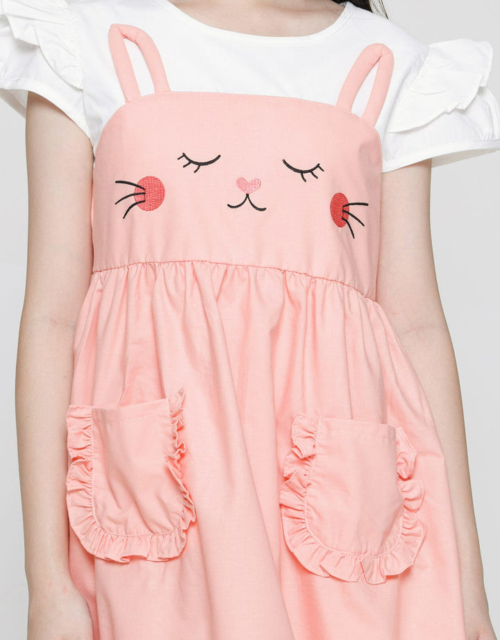 Sweet Miss Short Sleeve Midi Dress Overall Kucing Kantong Depan Dua