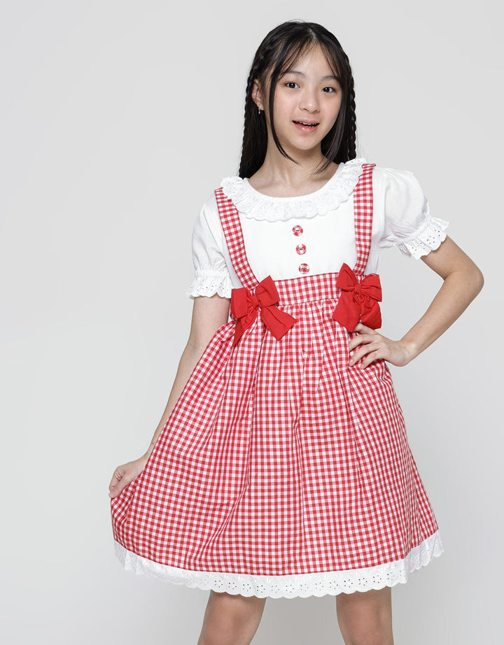 Sweet Miss Short Sleeve Midi Dress Overall Kotak Leher Renda Tangan Karet