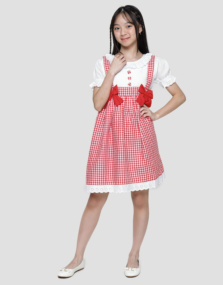 Sweet Miss Short Sleeve Midi Dress Overall Kotak Leher Renda Tangan Karet