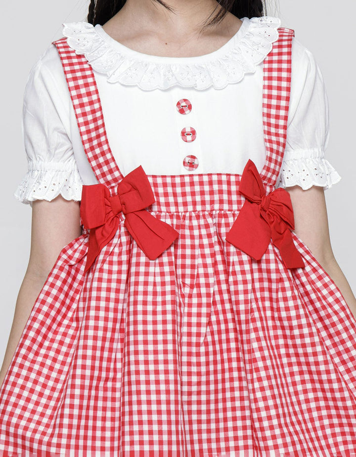 Sweet Miss Short Sleeve Midi Dress Overall Kotak Leher Renda Tangan Karet