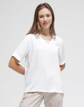 St. Yves Short Sleeve Blouse Lyonne Creepe With Lace And Metal Trims Detaling