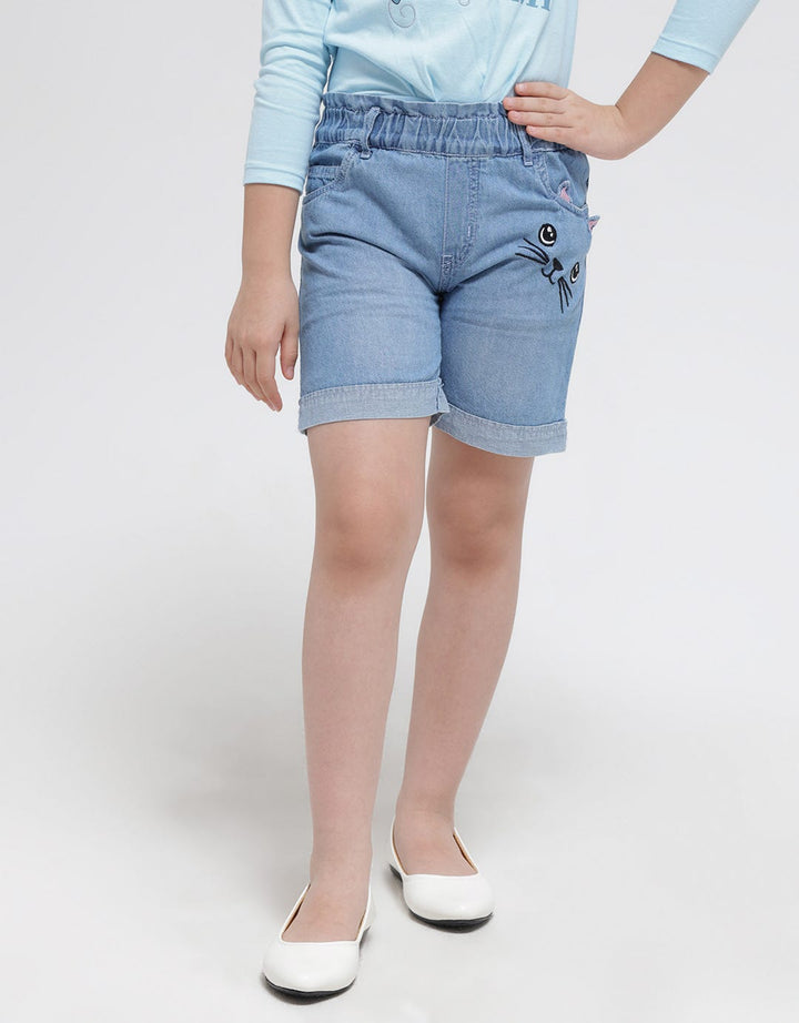 Little M Cat Print Celana Denim Pendek Anak Perempuan