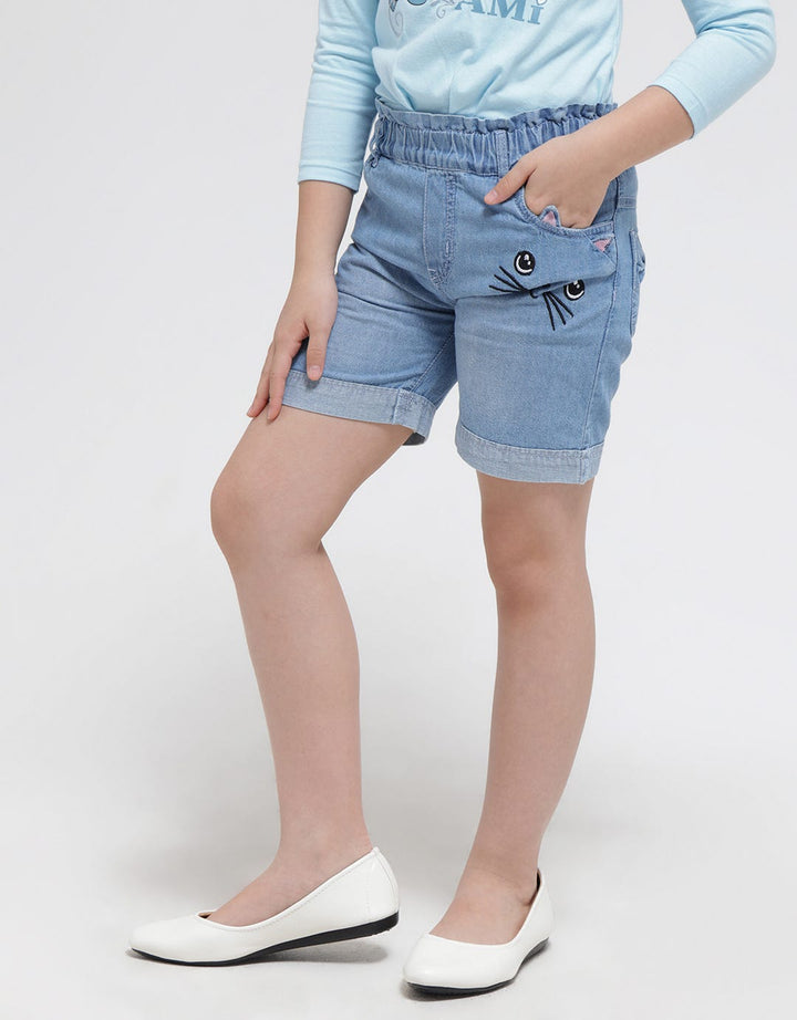 Little M Cat Print Celana Denim Pendek Anak Perempuan