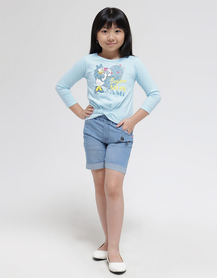 Little M Cat Print Celana Denim Pendek Anak Perempuan