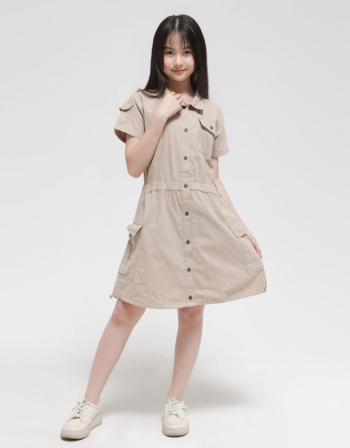Nevada Short Sleeve Midi Dress Safari Woven Buttoned Down Dress
