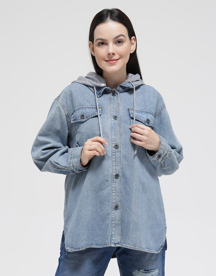 Nevada Long Sleeve Shirt Denim Shacket Hoodie
