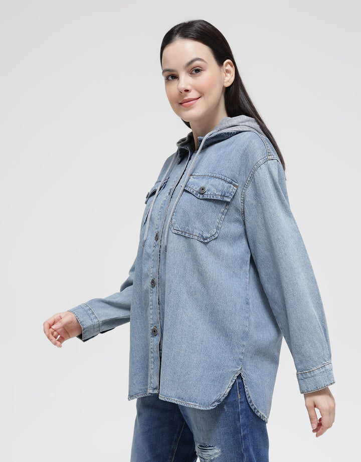 Nevada Long Sleeve Shirt Denim Shacket Hoodie