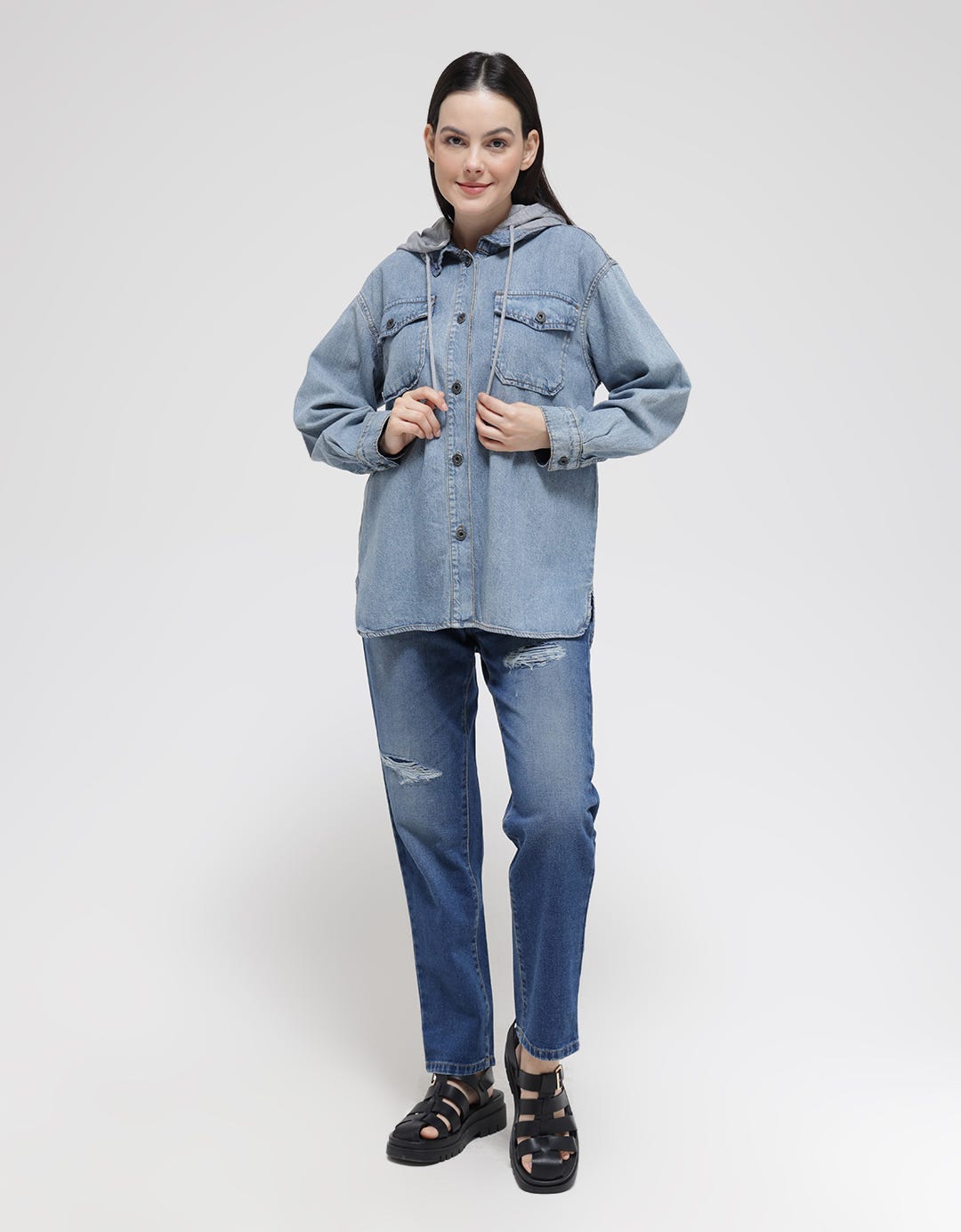 Nevada Long Sleeve Shirt Denim Shacket Hoodie
