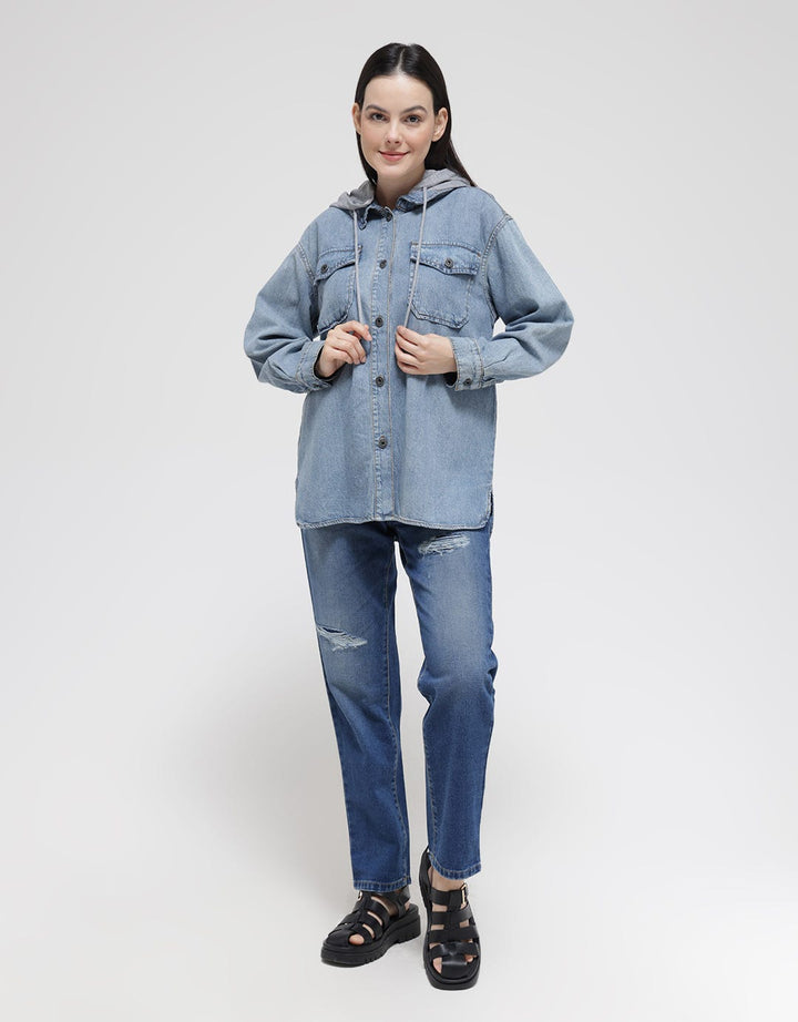 Nevada Long Sleeve Shirt Denim Shacket Hoodie