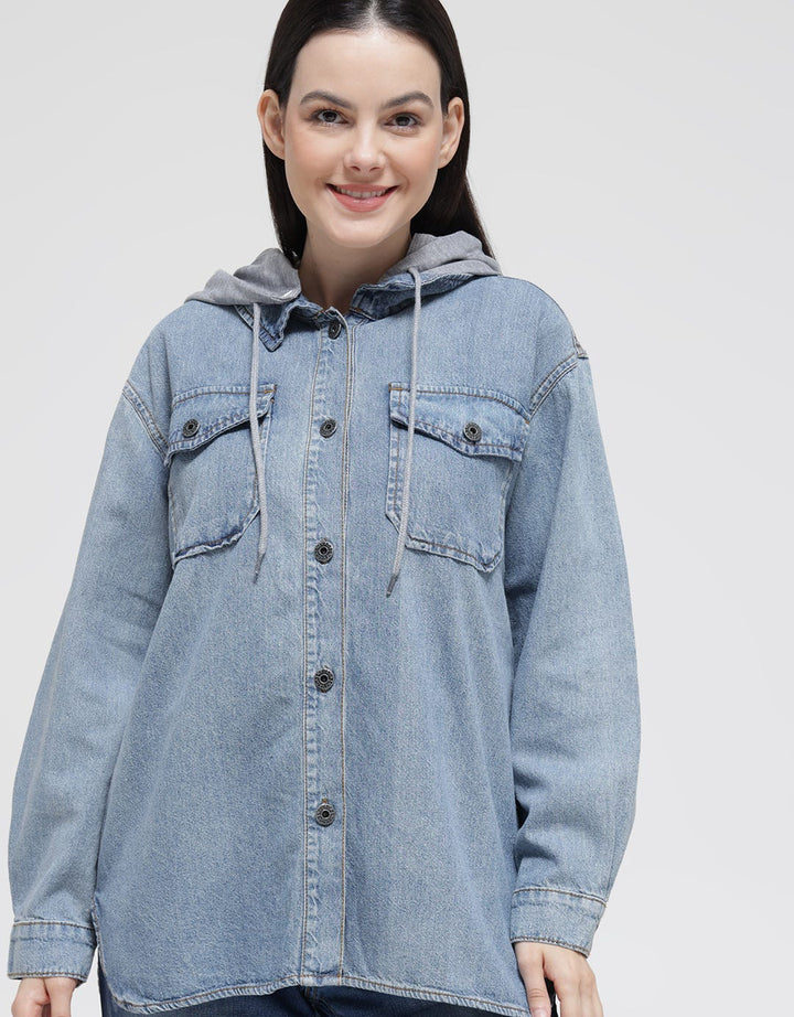 Nevada Long Sleeve Shirt Denim Shacket Hoodie