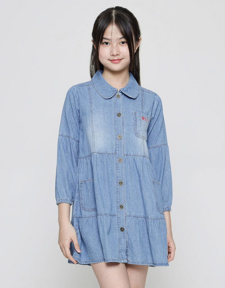 Aero Long Sleeve Midi Dress Denim Love Bordir