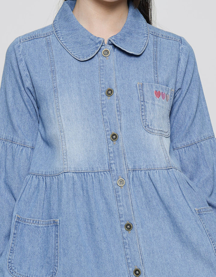 Aero Long Sleeve Midi Dress Denim Love Bordir