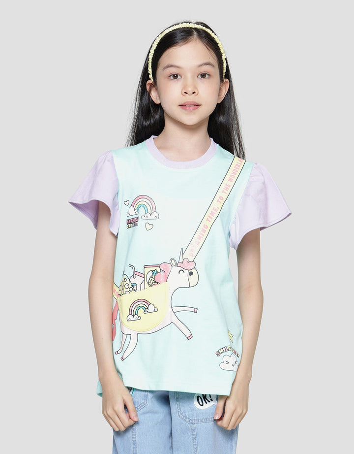 Aero Color Block Unicorn Waist Bag Kaos Lengan Pendek Anak Perempuan