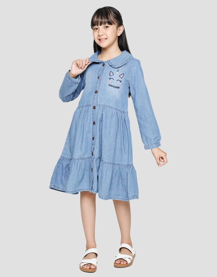 Aero Long Sleeve Midi Dress Ruffle Unicorn Embroidery