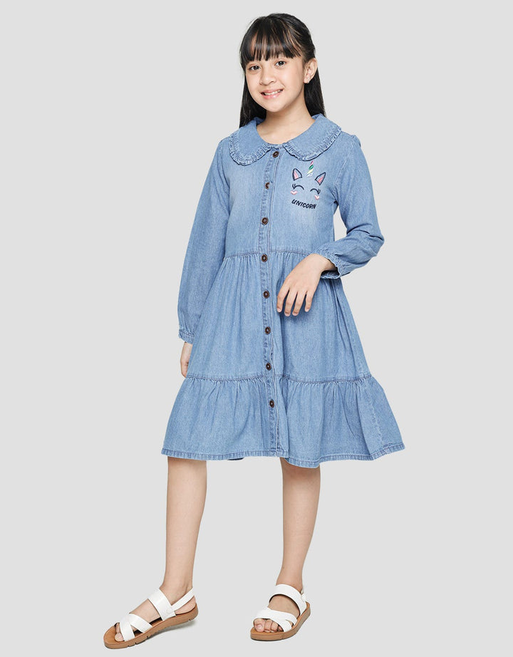 Aero Long Sleeve Midi Dress Ruffle Unicorn Embroidery
