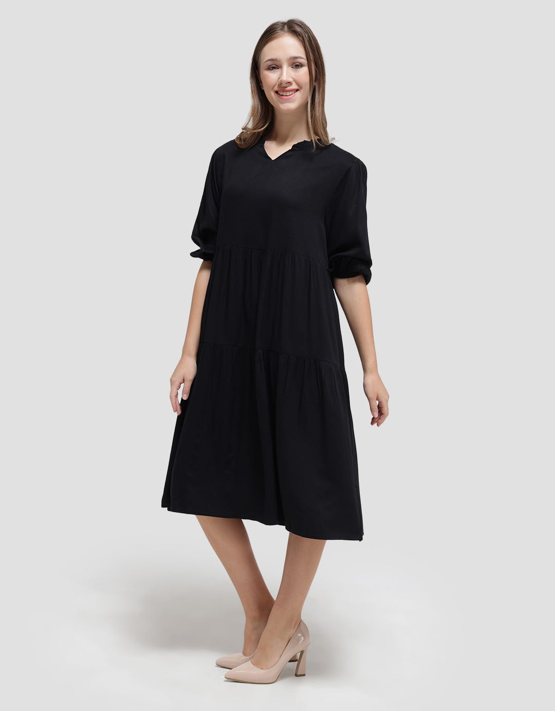 Details Long Sleeve Midi Dress With Frill Neck