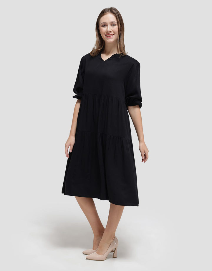 Details Long Sleeve Midi Dress With Frill Neck