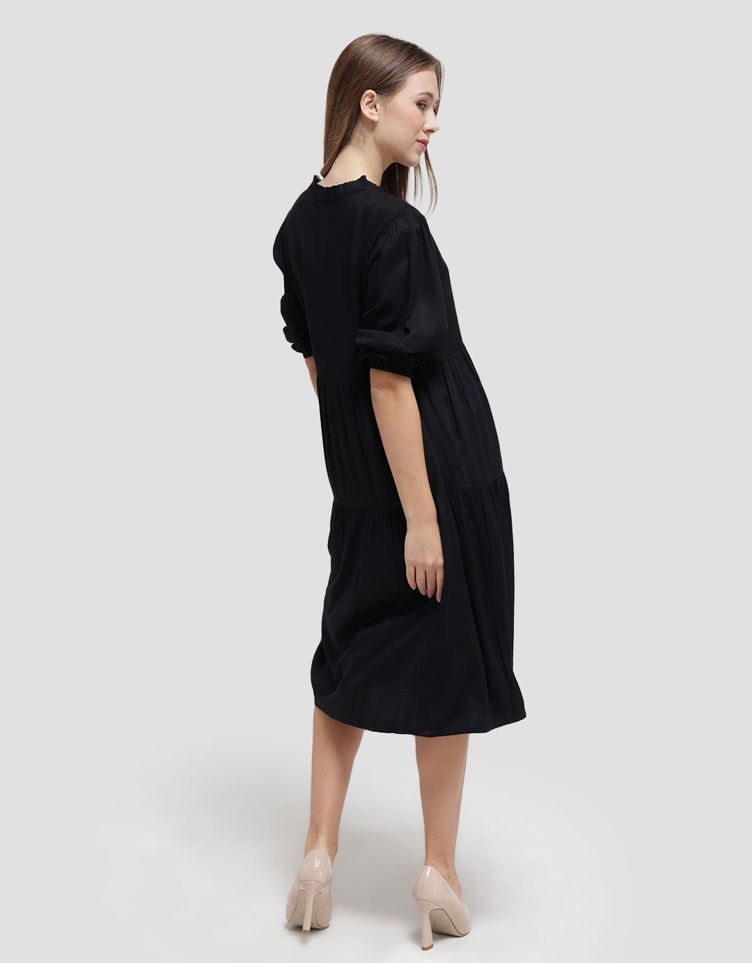 Details Long Sleeve Midi Dress With Frill Neck