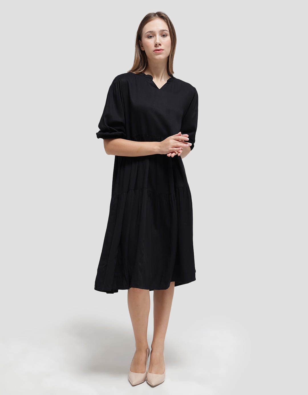Details Long Sleeve Midi Dress With Frill Neck
