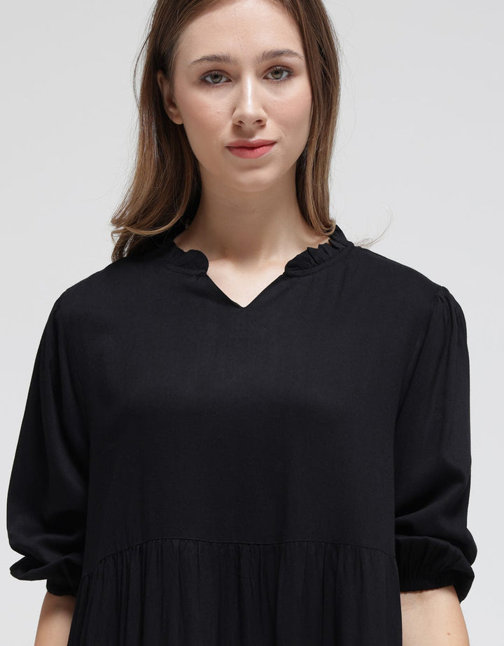 Details Long Sleeve Midi Dress With Frill Neck
