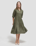 Details Long Sleeve Midi Dress With Frill Neck