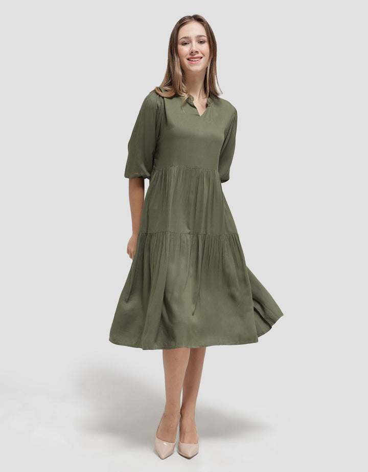 Details Long Sleeve Midi Dress With Frill Neck