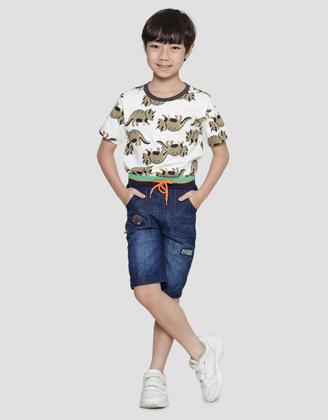 Little M Celana Pendek Denim Dino Pinggang Rib Anak Laki-laki