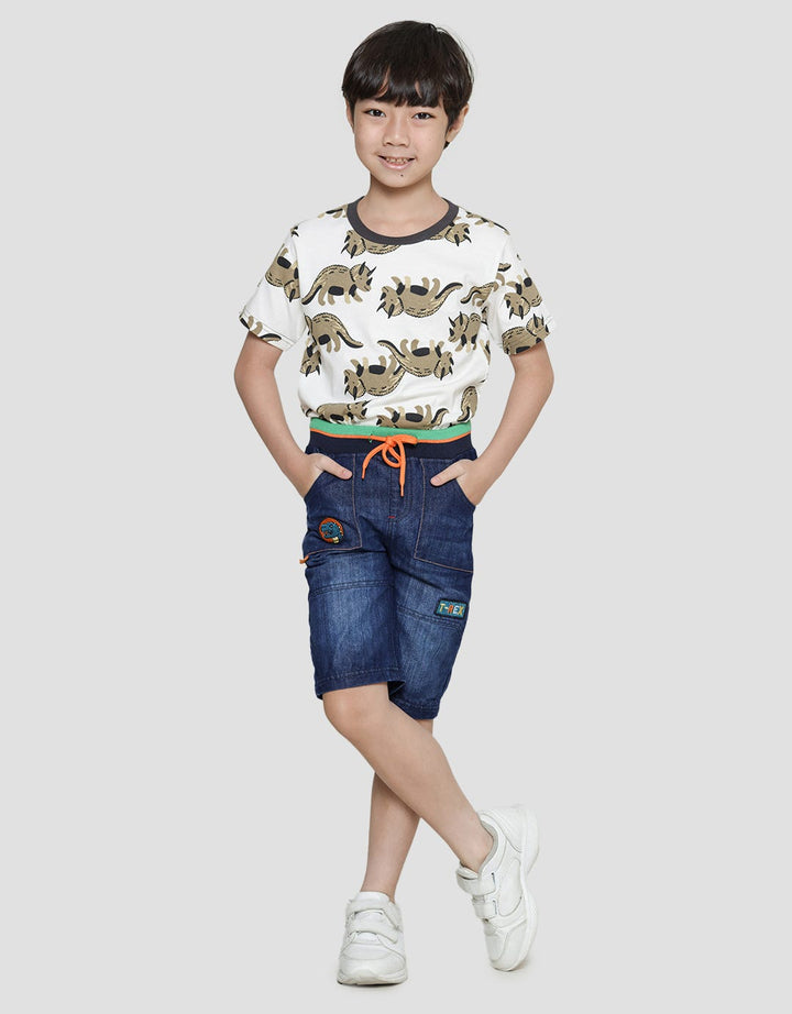 Little M Celana Pendek Denim Dino Pinggang Rib Anak Laki-laki