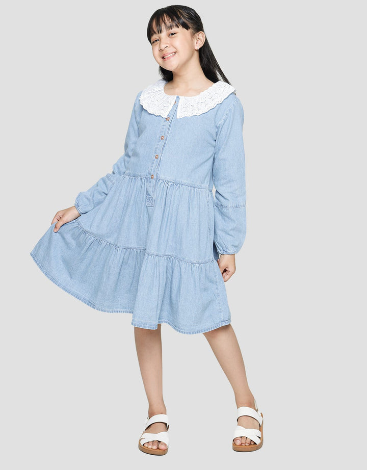 Nevada Long Sleeve Denim Midi Dress With Lace Big Collar