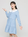Nevada Long Sleeve Denim Midi Dress With Lace Big Collar