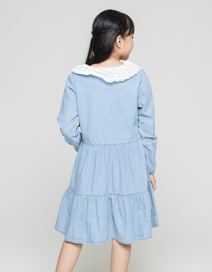 Nevada Long Sleeve Denim Midi Dress With Lace Big Collar