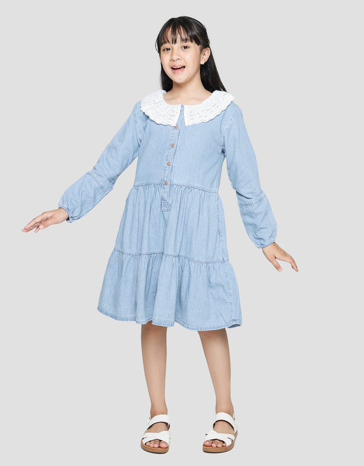 Nevada Long Sleeve Denim Midi Dress With Lace Big Collar